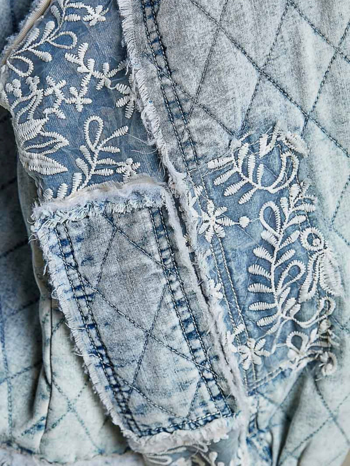 Light Blue Quilted Denim Jacket with Floral Embroidery
