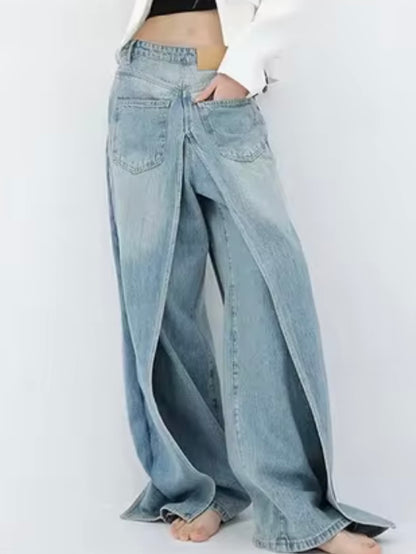 Light blue double jeans front back wide leg washed pants