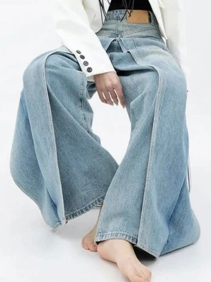 Light blue double jeans front back wide leg washed pants