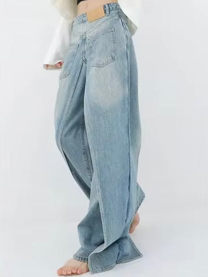 Light blue double jeans front back wide leg washed pants