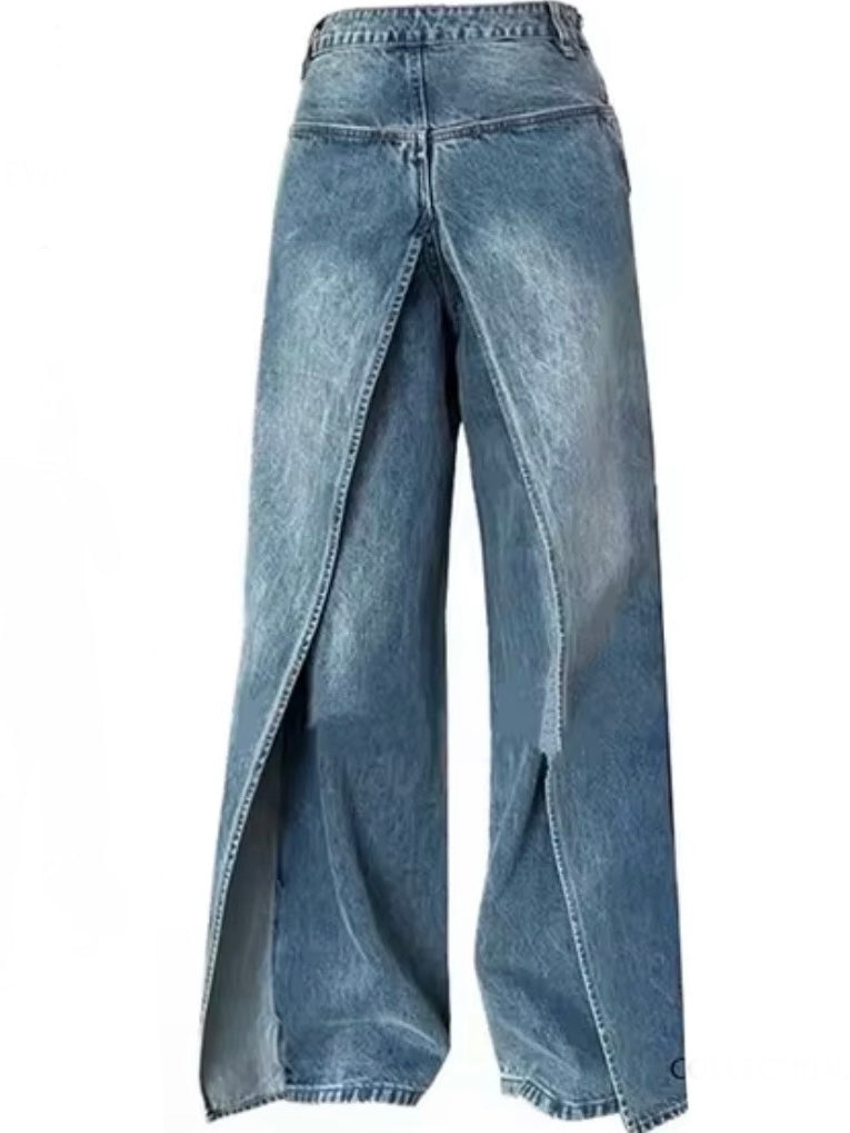 Light blue double jeans front back wide leg washed pants