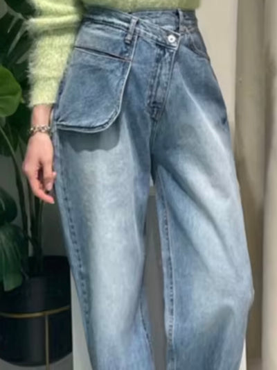 Blue jeans crossed big pocket straight pants