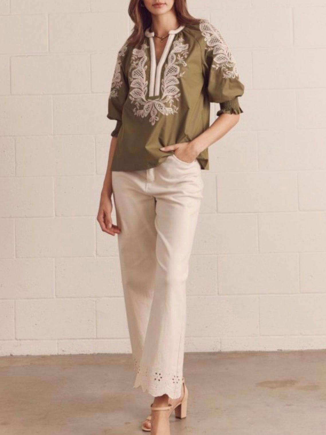 Floral Embroidered Split-Neck Blouse