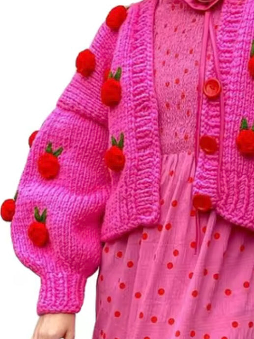 Fuchsia 3D texture knitted flowers buttons sweater