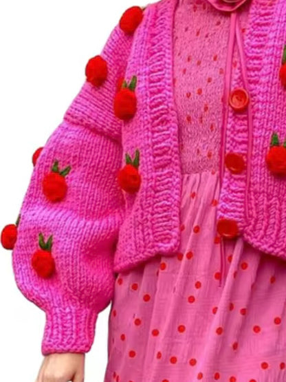 Fuchsia 3D texture knitted flowers buttons sweater