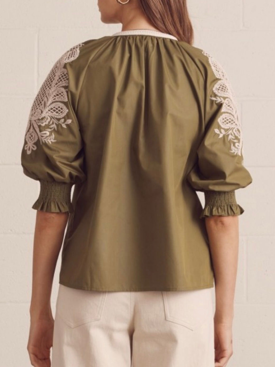 Floral Embroidered Split-Neck Blouse