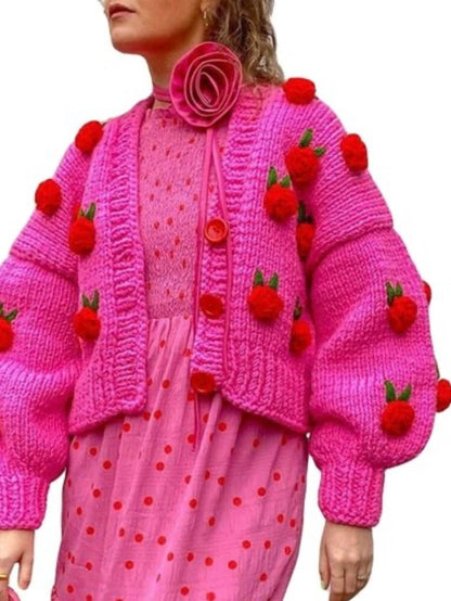 Fuchsia 3D texture knitted flowers buttons sweater