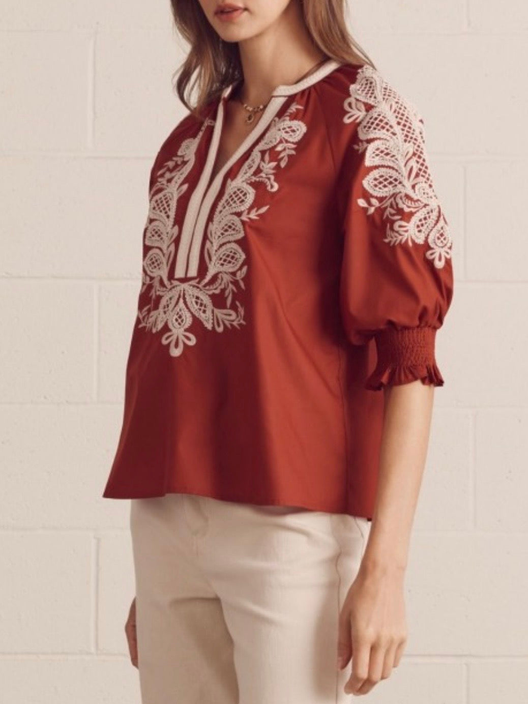 Floral Embroidered Split-Neck Blouse