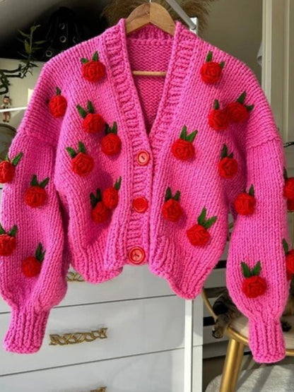 Fuchsia 3D texture knitted flowers buttons sweater