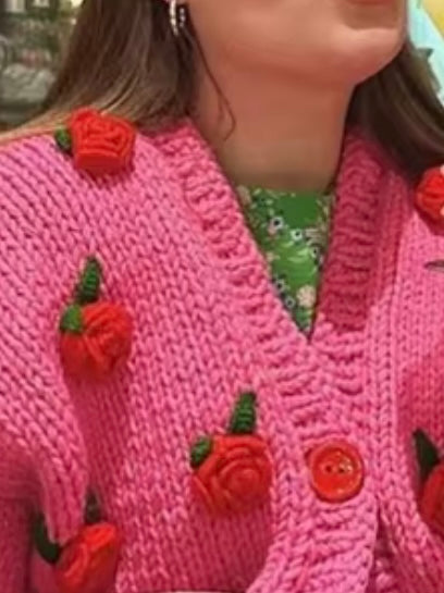 Fuchsia 3D texture knitted flowers buttons sweater