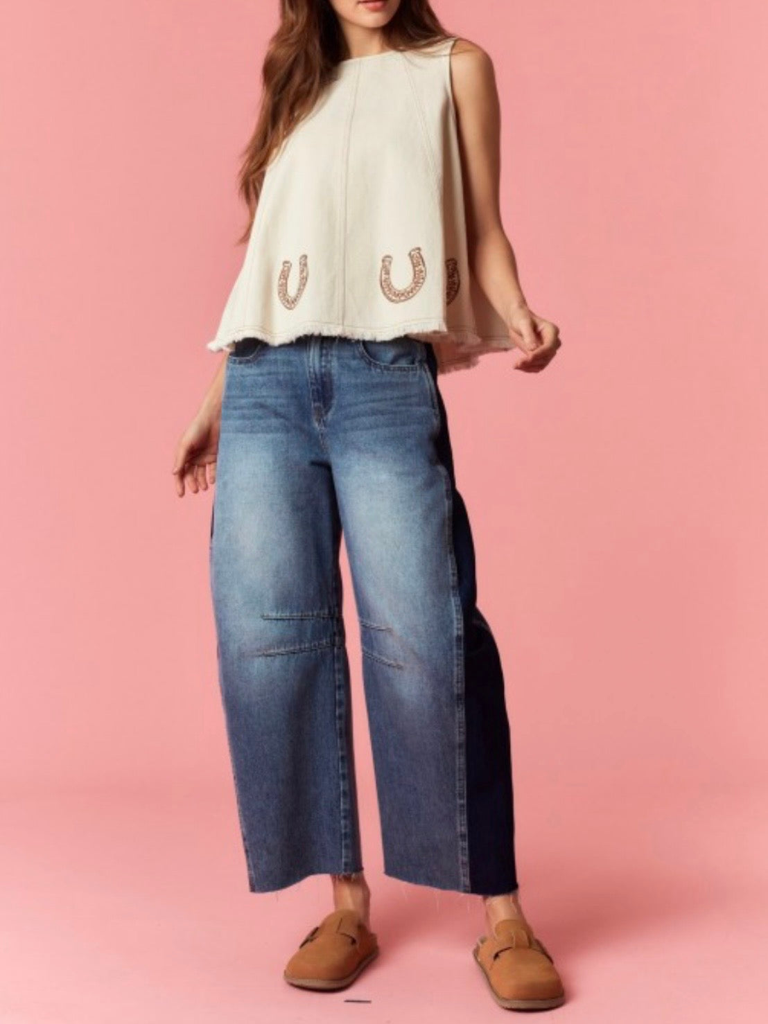 Blue block washed barrel jeans pants