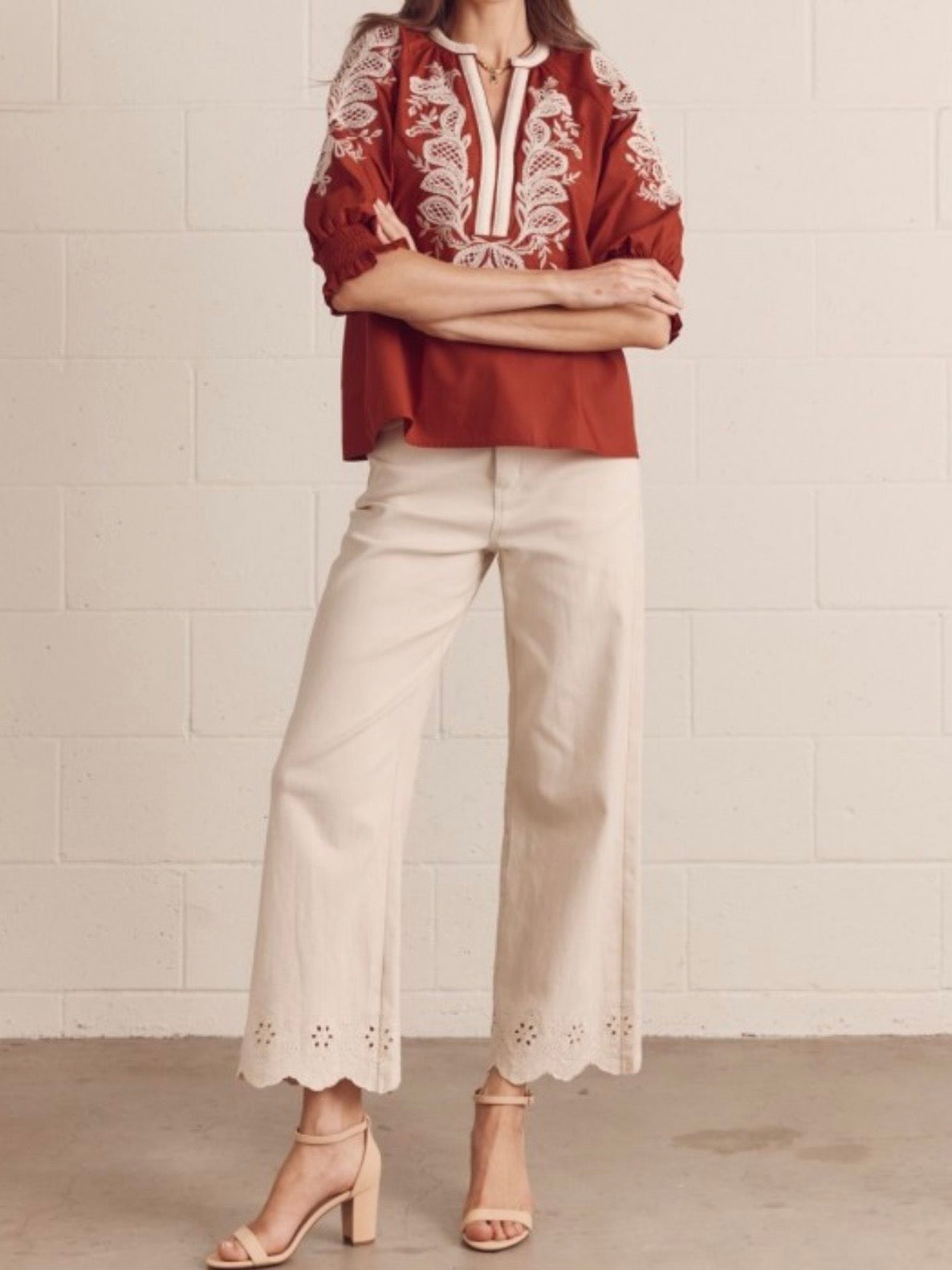 Floral Embroidered Split-Neck Blouse