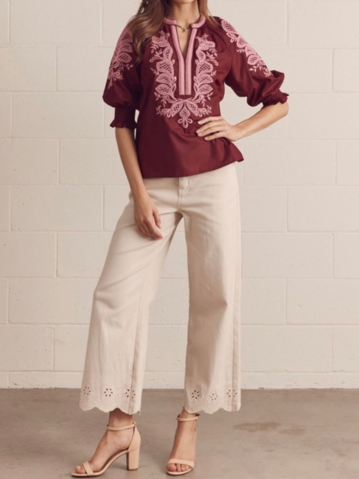 Floral Embroidered Split-Neck Blouse