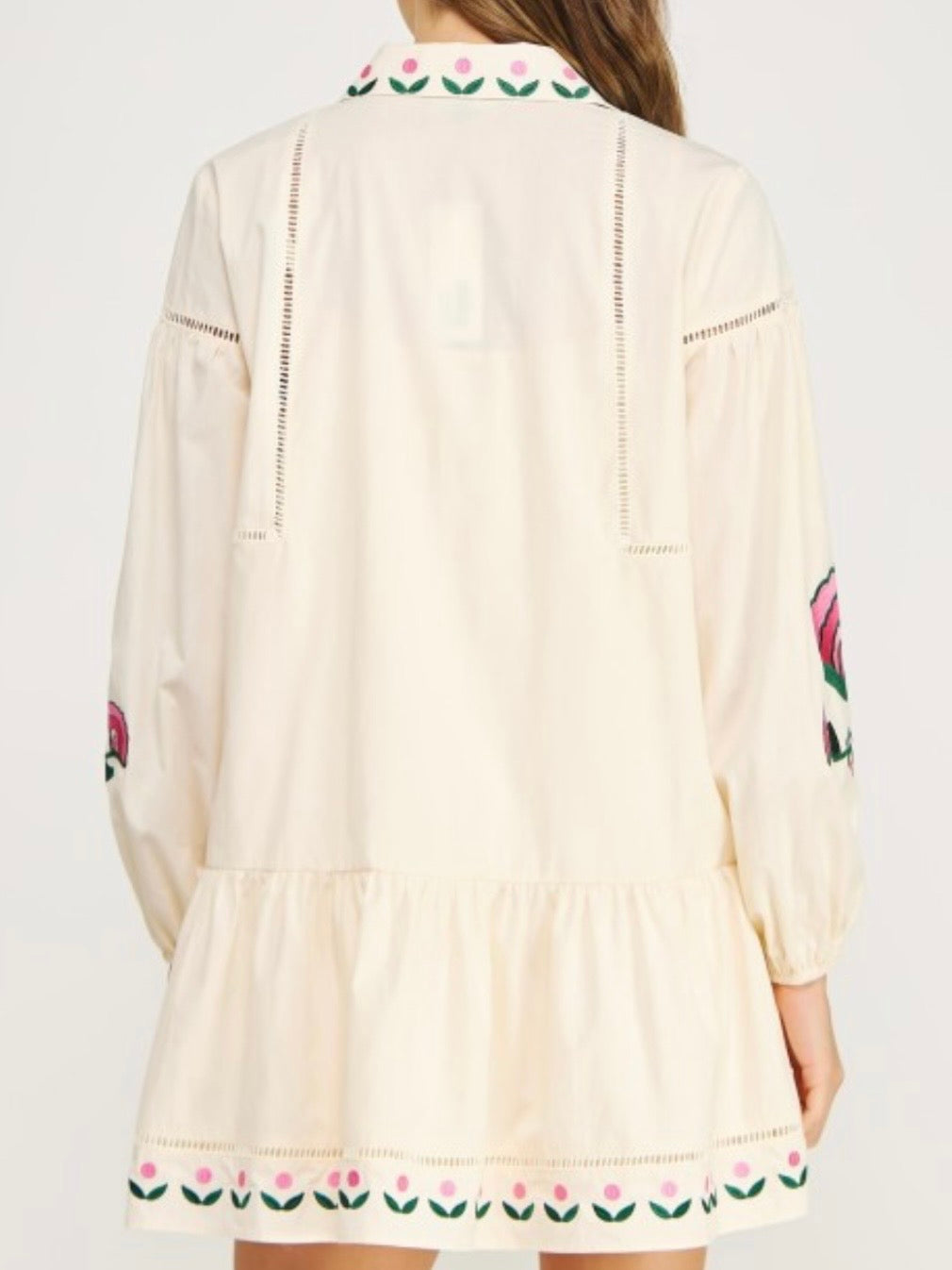 Beige and floral long sleeves detail short mini dress