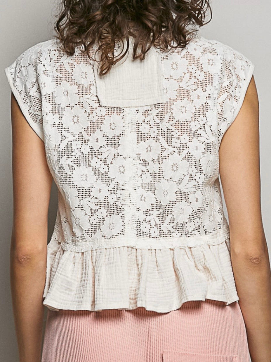 Off-White Floral Lace Button-Front Ruffle Top