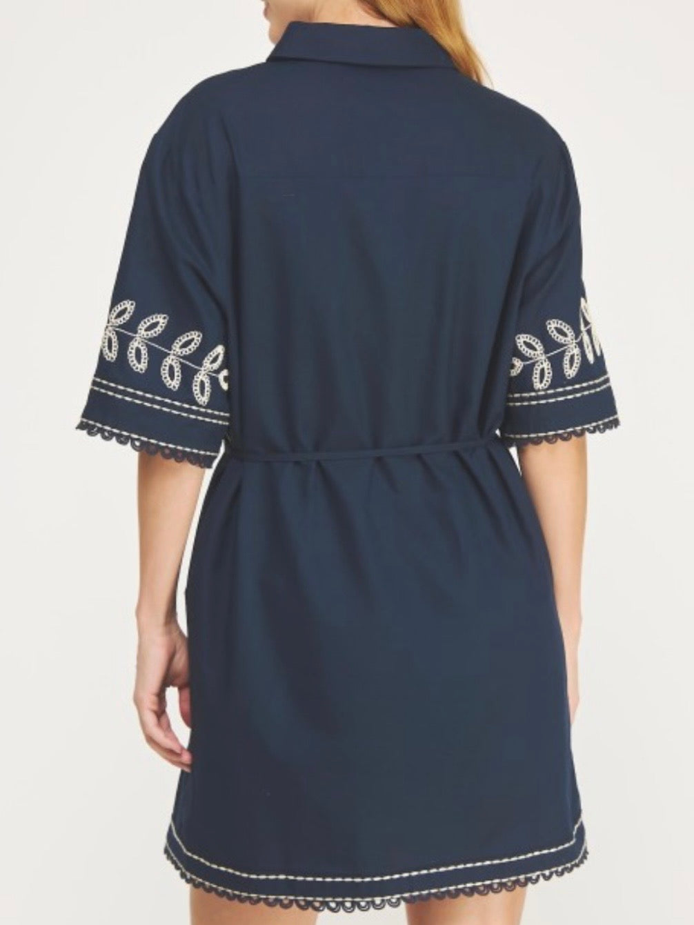 Navy blue and white floral short sleeves detail short mini dress