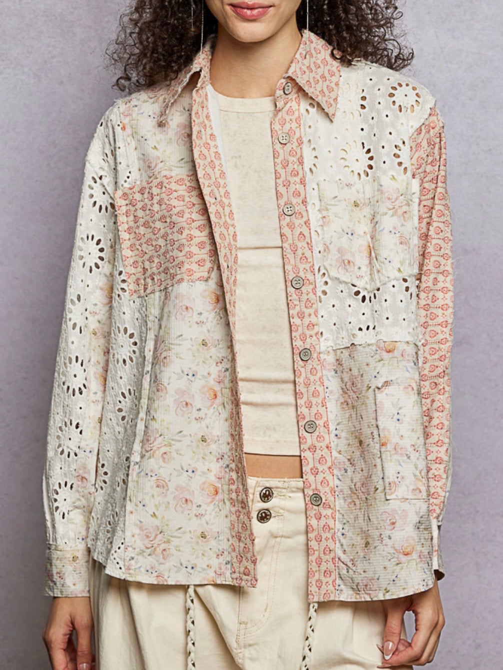 Mixed Print Patchwork Shacket – Floral Eyelet Button-Front Shirt