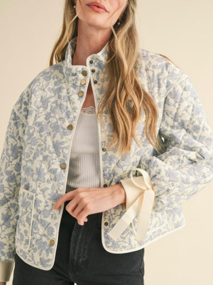 Beige and light blue thin quilted bomber jacket