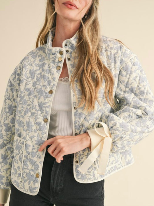 Beige and light blue thin quilted bomber jacket