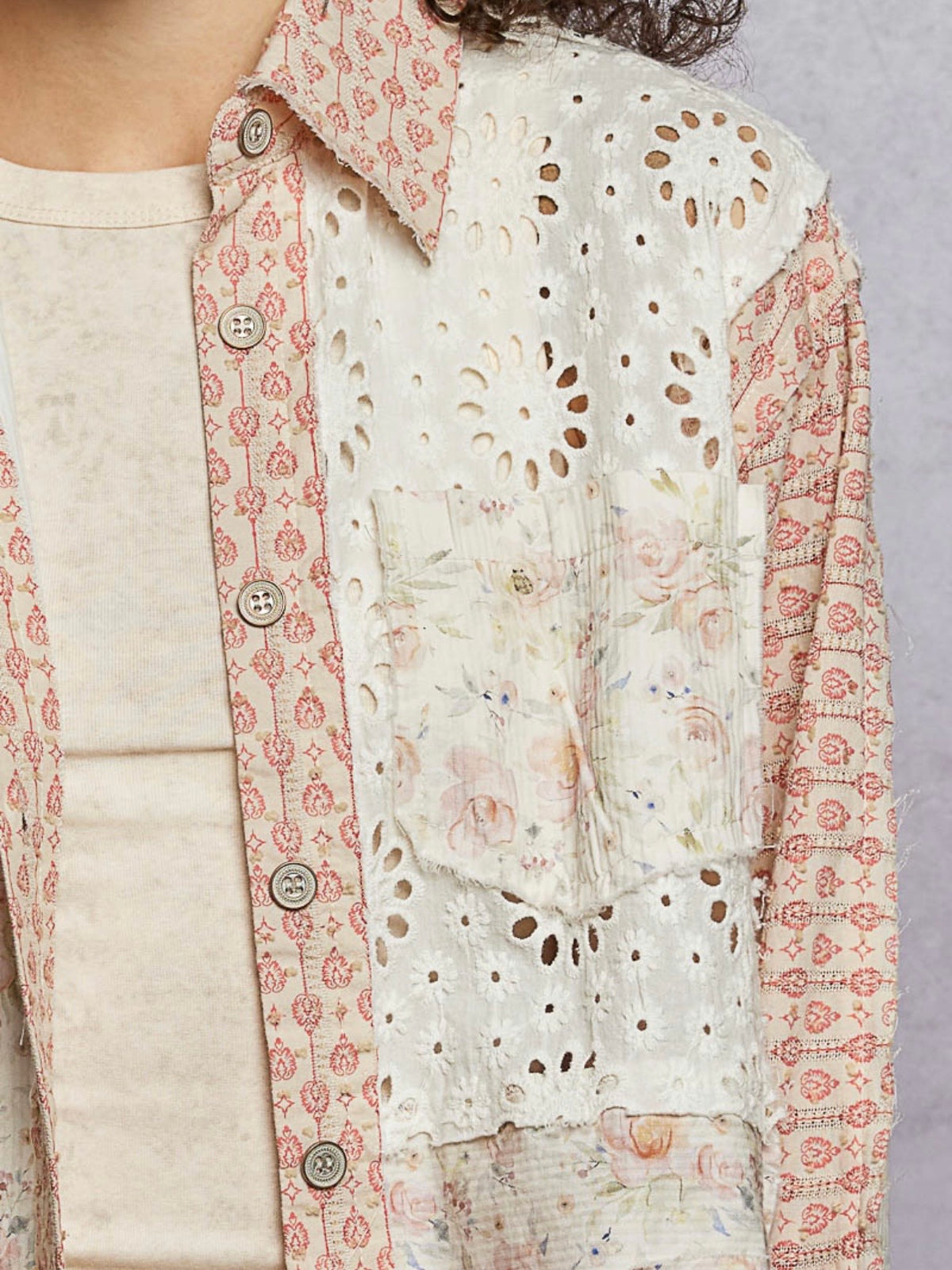Mixed Print Patchwork Shacket – Floral Eyelet Button-Front Shirt