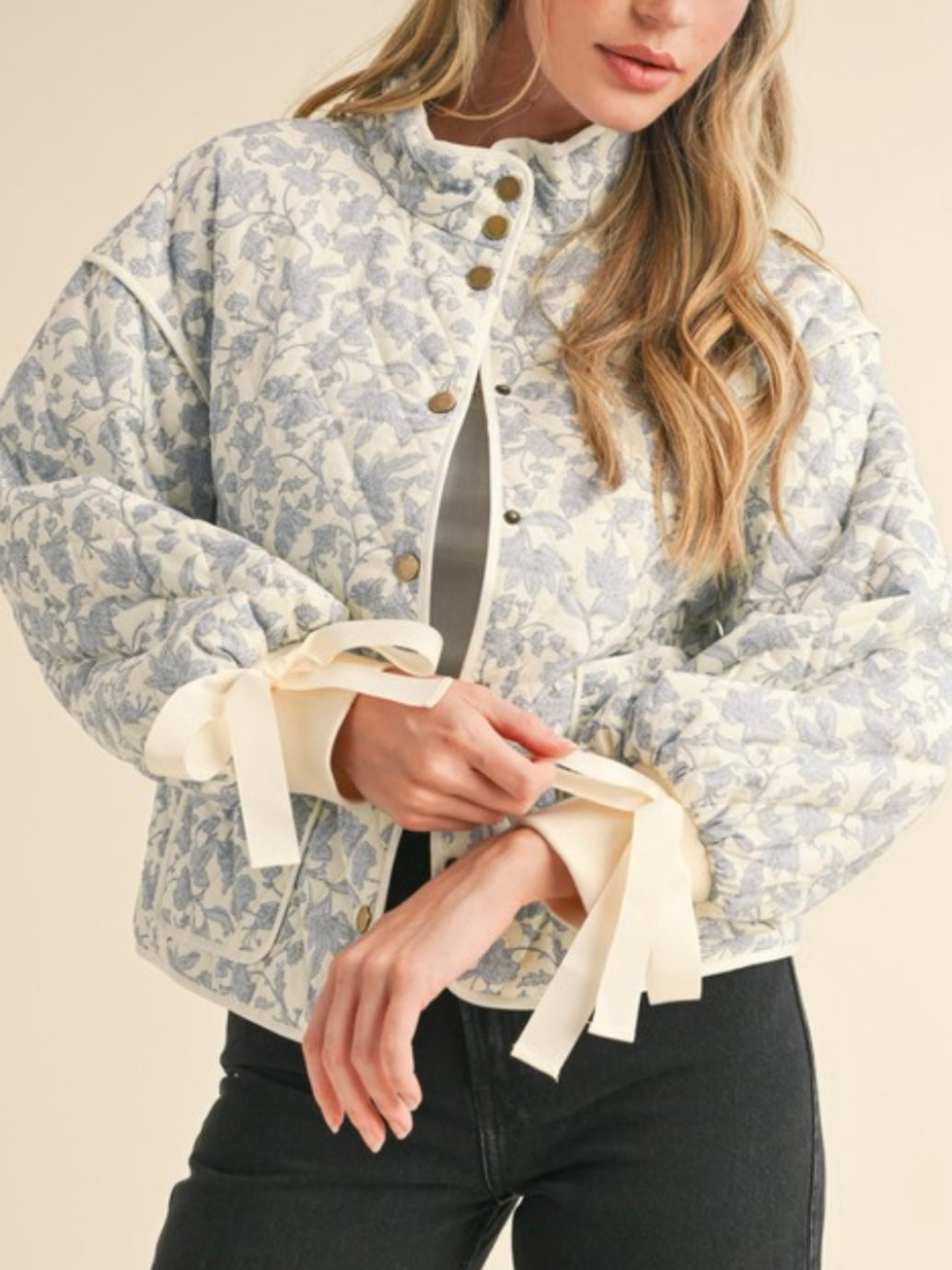 Beige and light blue thin quilted bomber jacket