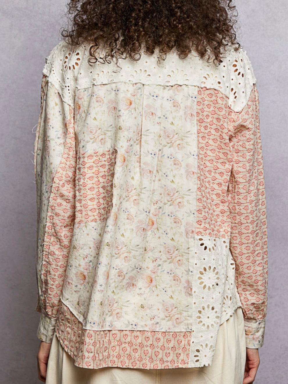 Mixed Print Patchwork Shacket – Floral Eyelet Button-Front Shirt
