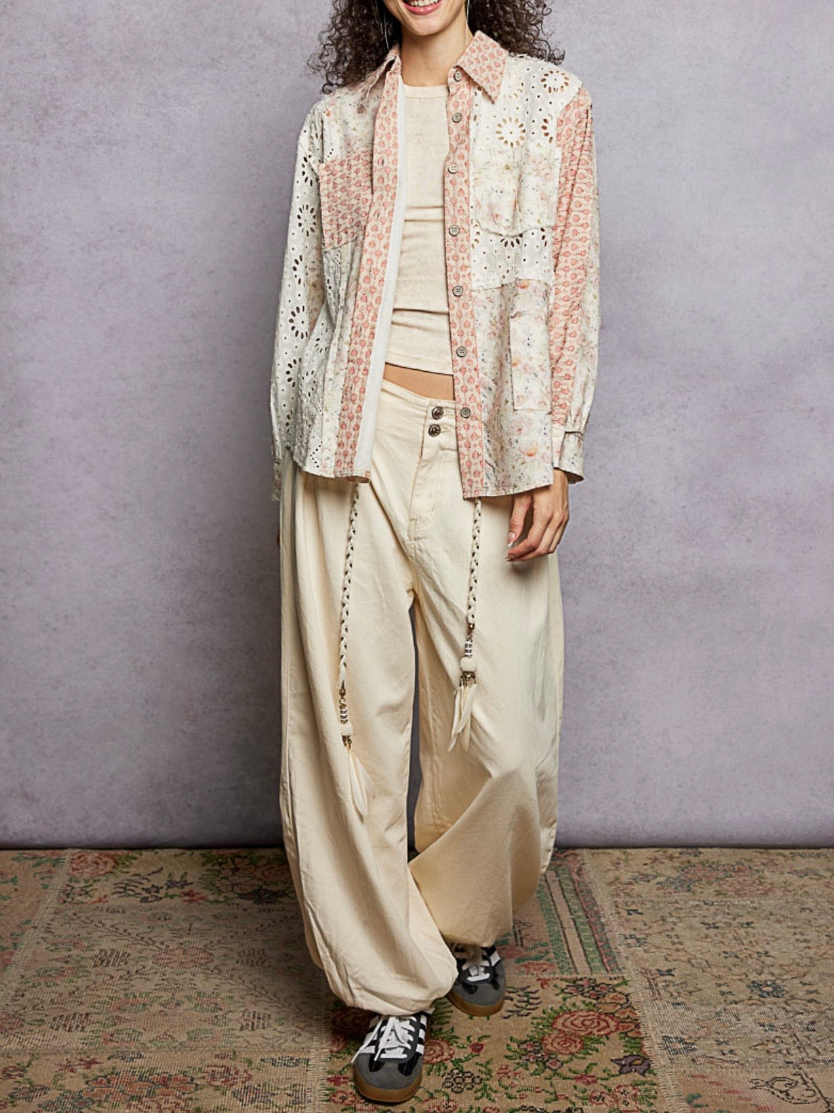 Mixed Print Patchwork Shacket – Floral Eyelet Button-Front Shirt