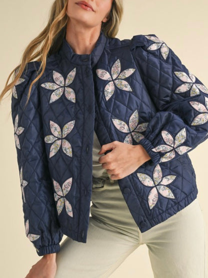 Beige and light blue thin quilted bomber jacket