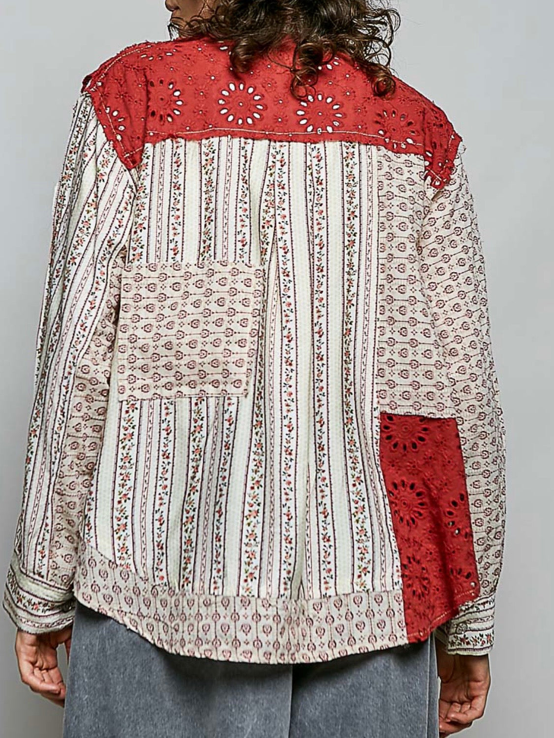 Mixed Print Patchwork Shacket – Floral Eyelet Button-Front Shirt