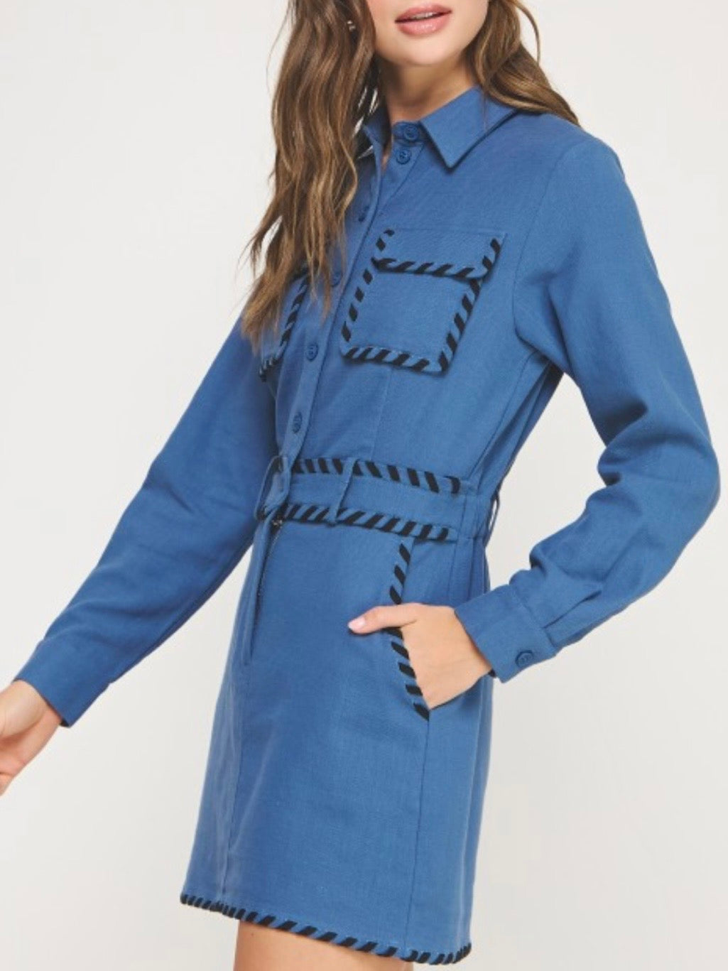 Whipstitch Blue long sleeves detail short mini dress