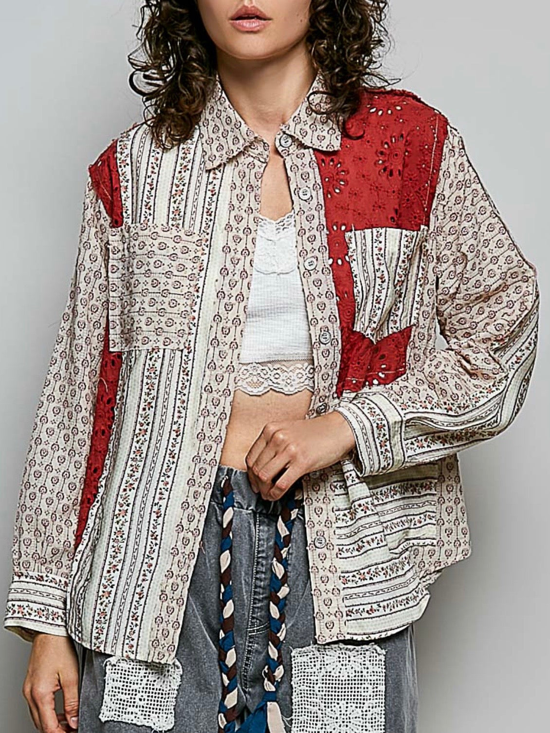 Mixed Print Patchwork Shacket – Floral Eyelet Button-Front Shirt