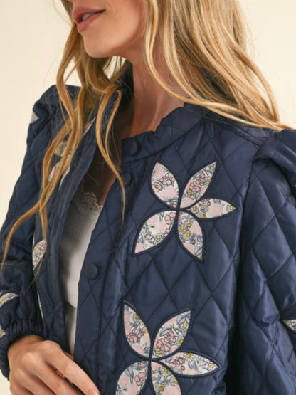 Beige and light blue thin quilted bomber jacket