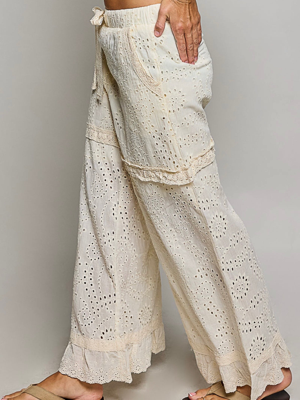 Natural Cream Eyelet Wide-Leg Pants with Ruffle Hem