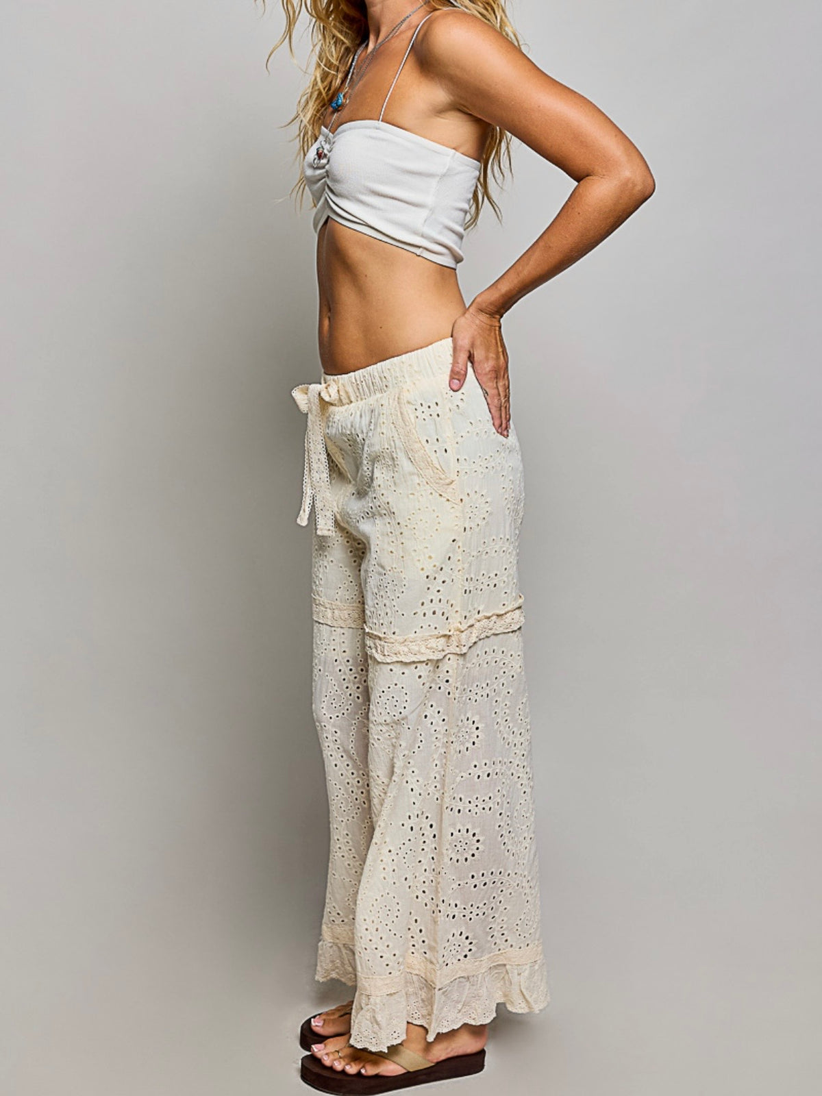 Natural Cream Eyelet Wide-Leg Pants with Ruffle Hem