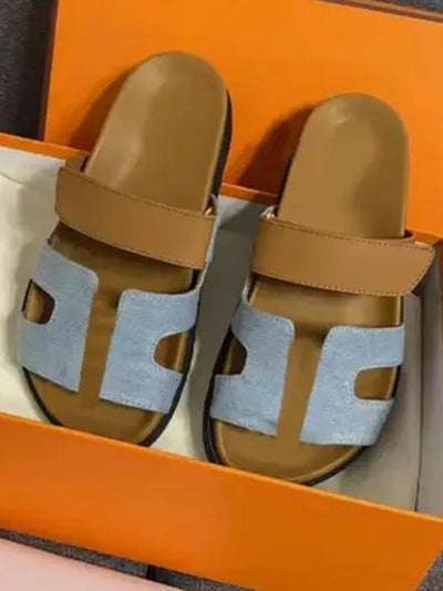 Beige and light blue two straps flat slides sandals