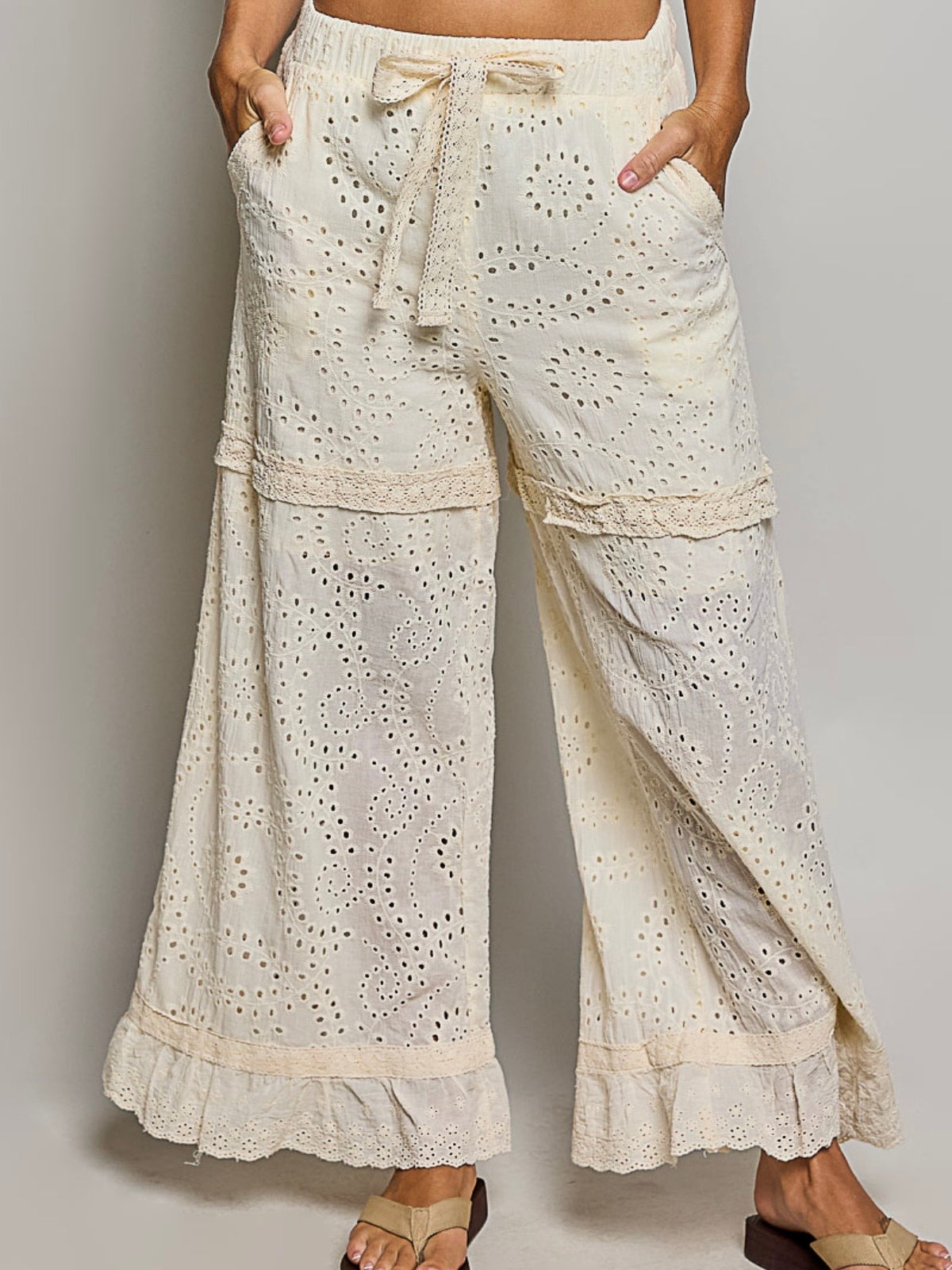 Natural Cream Eyelet Wide-Leg Pants with Ruffle Hem