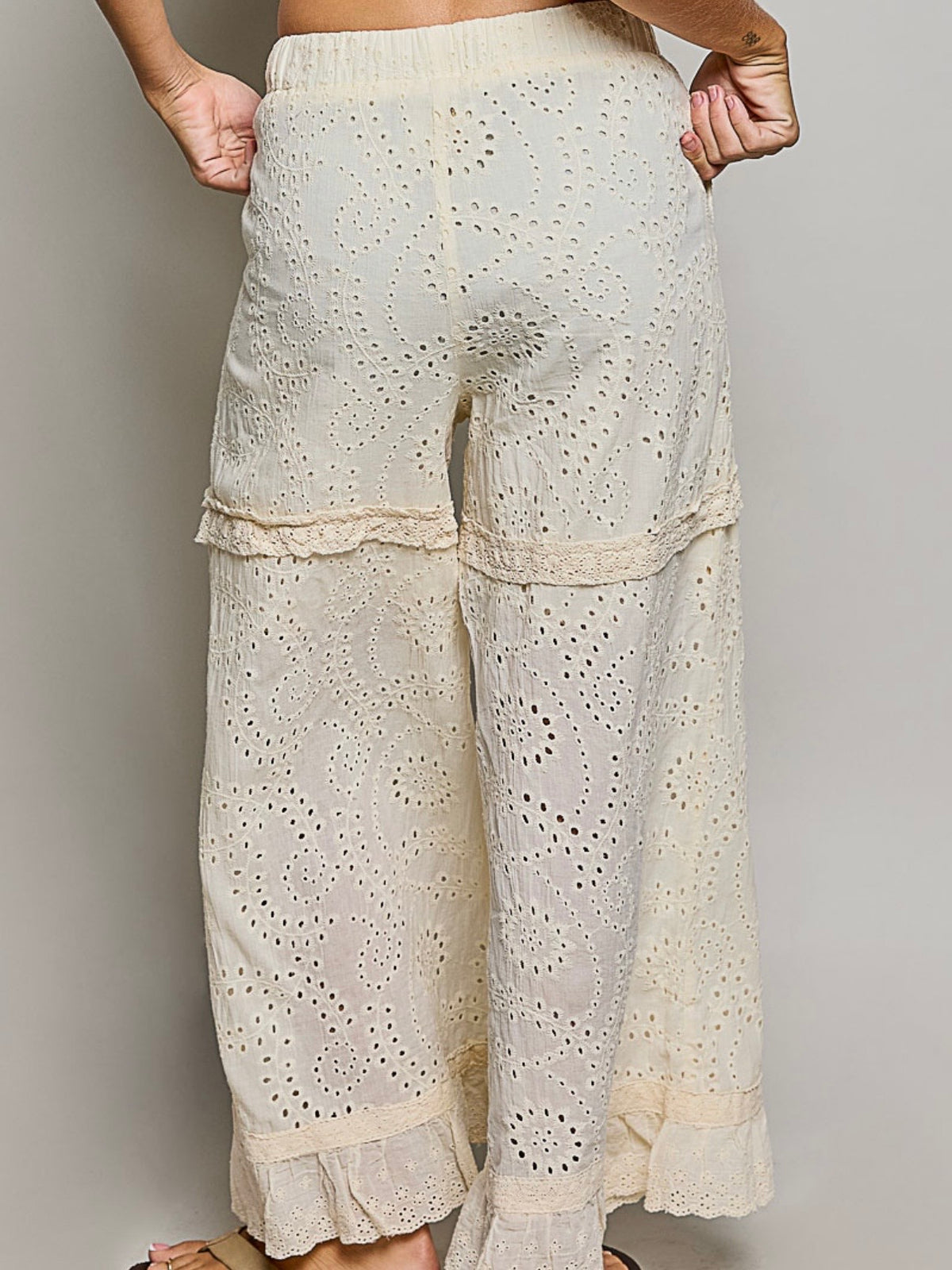 Natural Cream Eyelet Wide-Leg Pants with Ruffle Hem
