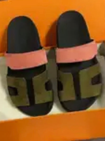 Pink and green two straps flat slides sandals
