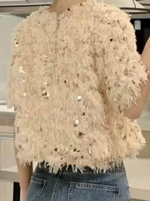 Beige furry short sleeves and sequins top