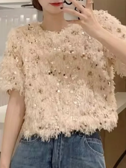 Beige furry short sleeves and sequins top