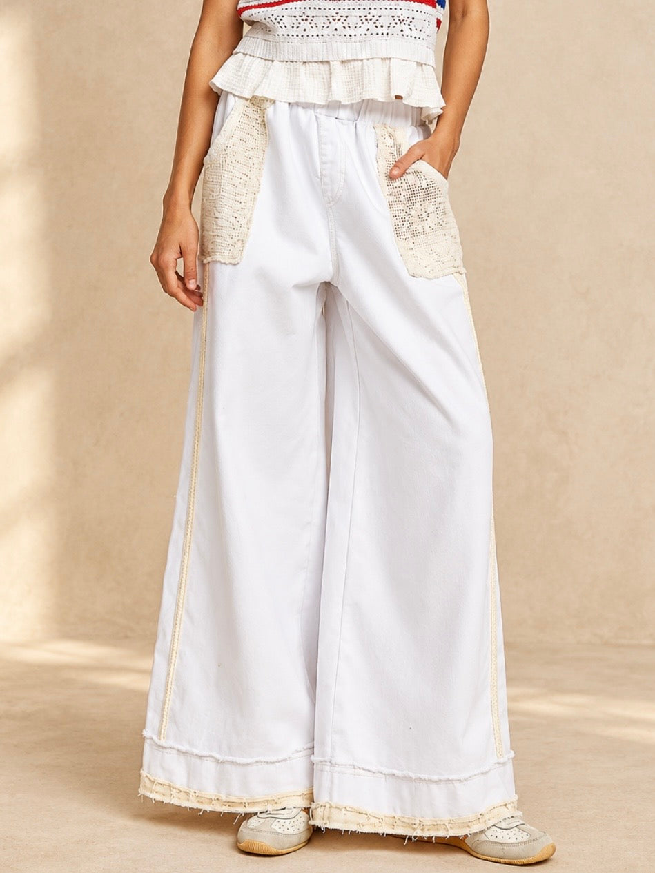 Off-White Wide-Leg Pants with Crochet Pockets