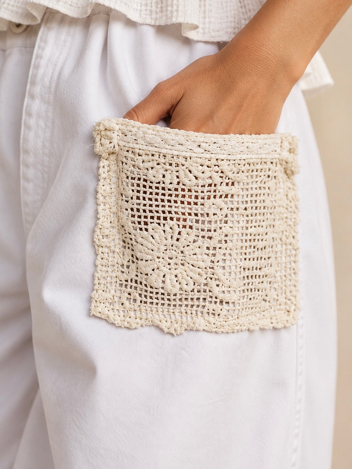 Off-White Wide-Leg Pants with Crochet Pockets
