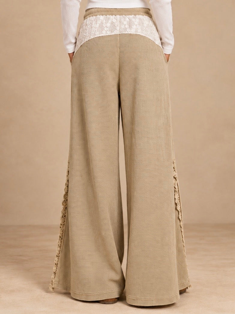 Beige Wide-Leg Pants with Crochet-Trim Side Slits