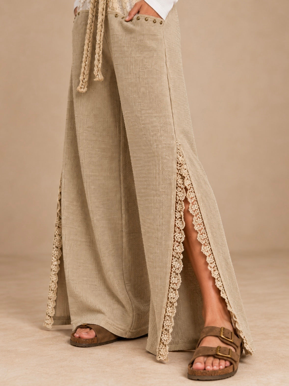 Beige Wide-Leg Pants with Crochet-Trim Side Slits