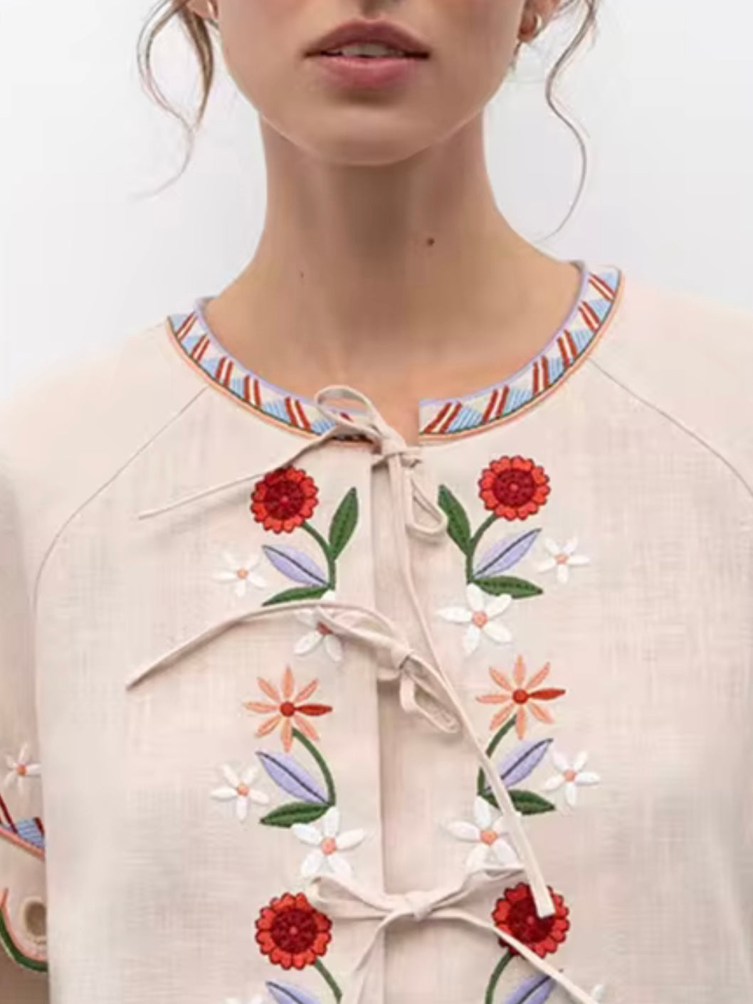 Beige floral embroidered wide sleeves shirt