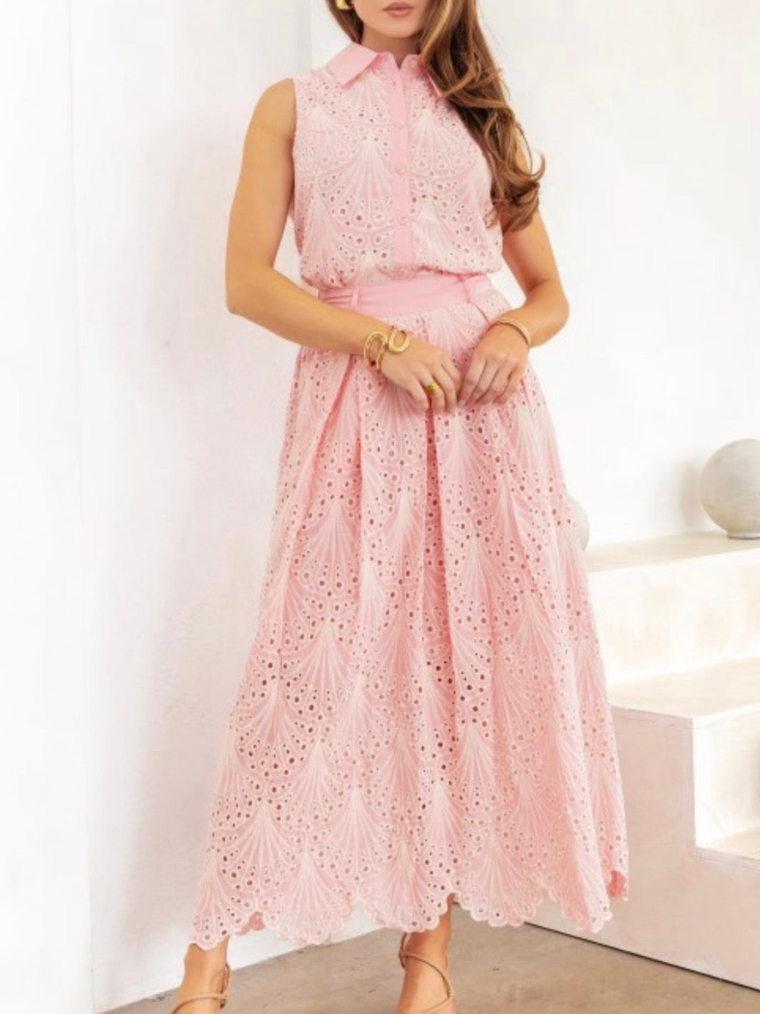 Pink Eyelet Lace 2-Piece Set – Top & Midi Skirt