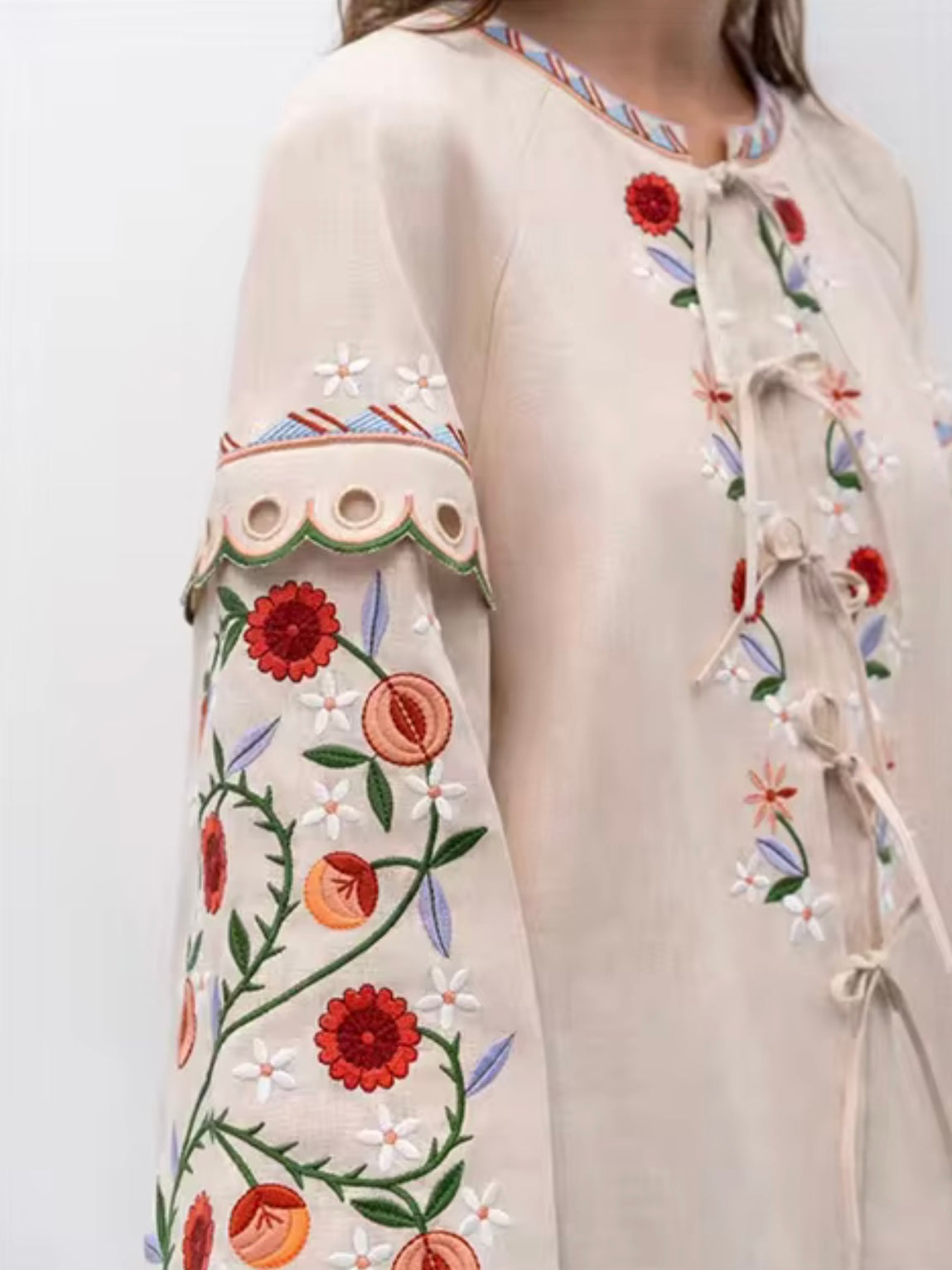 Beige floral embroidered wide sleeves shirt