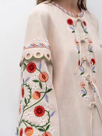 Beige floral embroidered wide sleeves shirt