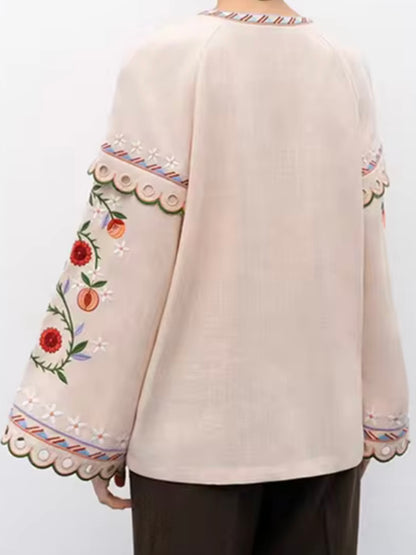 Beige floral embroidered wide sleeves shirt