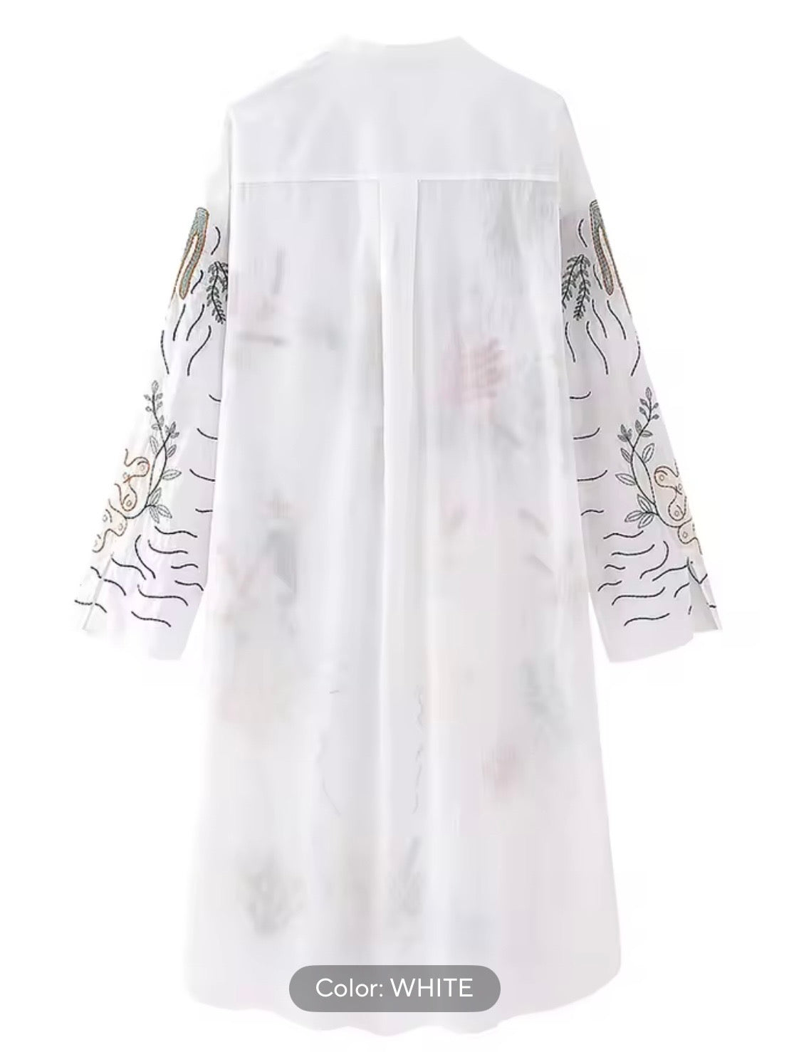 White Sea life embroidered details loose midi shirt dress